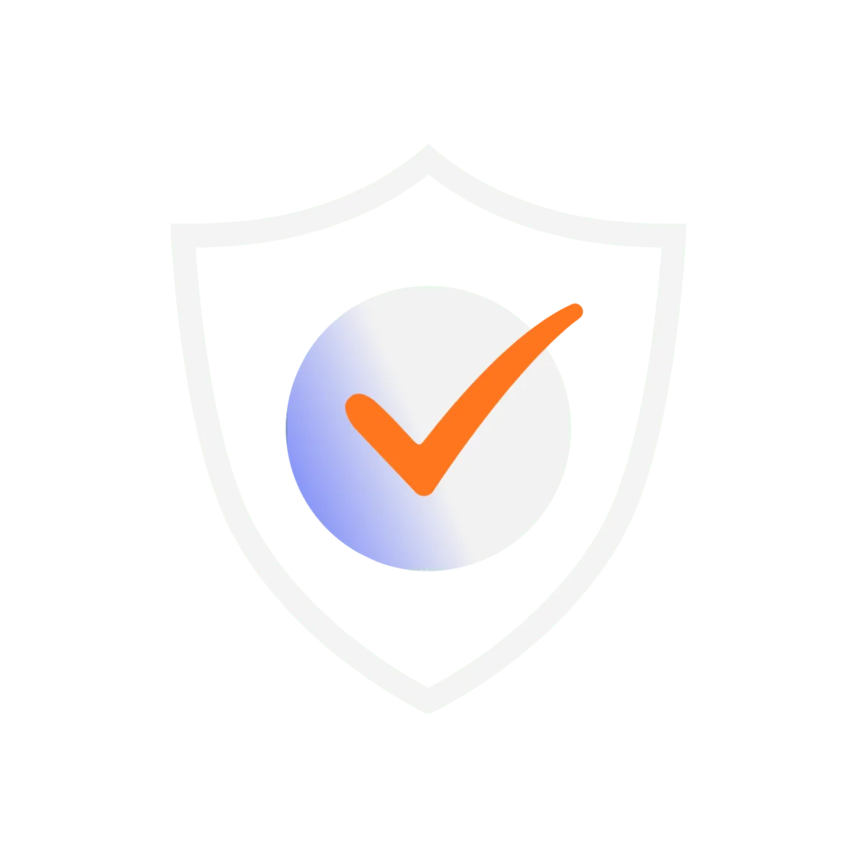 White shield outline with a blue gradient circle and an orange check mark inside.