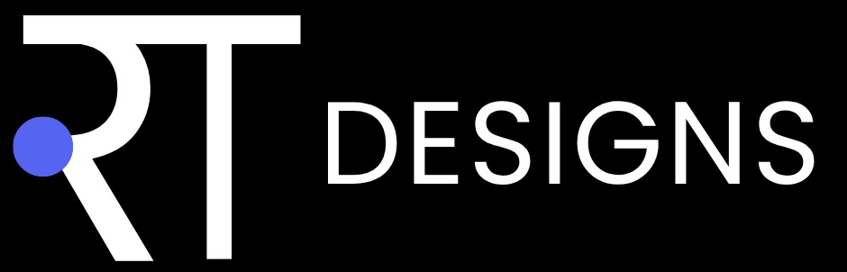 Logo with stylized white "RT" and a blue dot on a black background, next to the word "DESIGNS" in uppercase white letters.