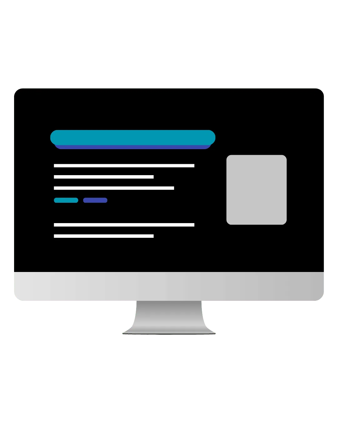 Illustration of a computer monitor displaying a black screen with blue and white text and a gray square.