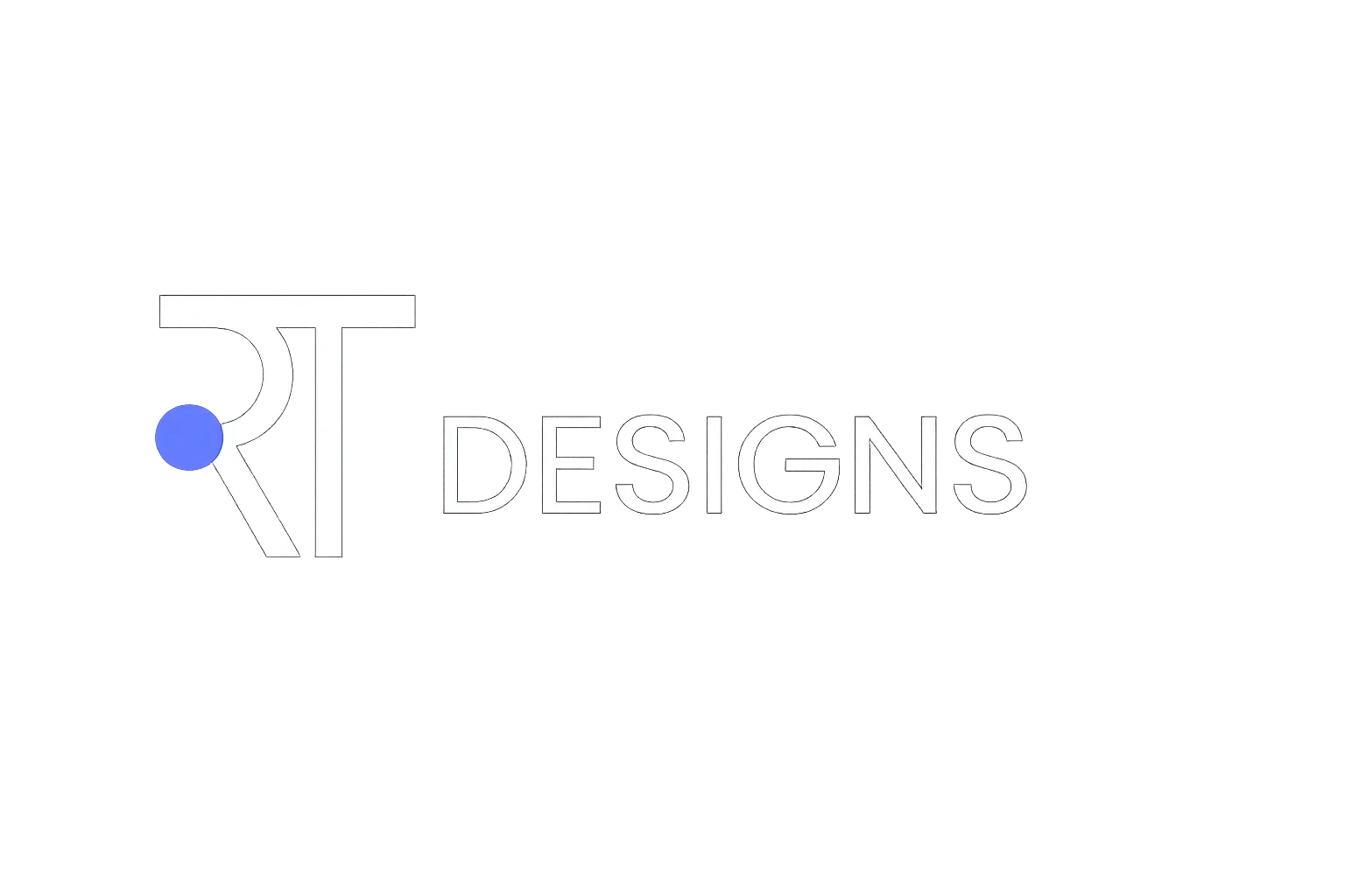 Logo with stylized white "RT" and a blue dot on a black background, next to the word "DESIGNS" in uppercase white letters.