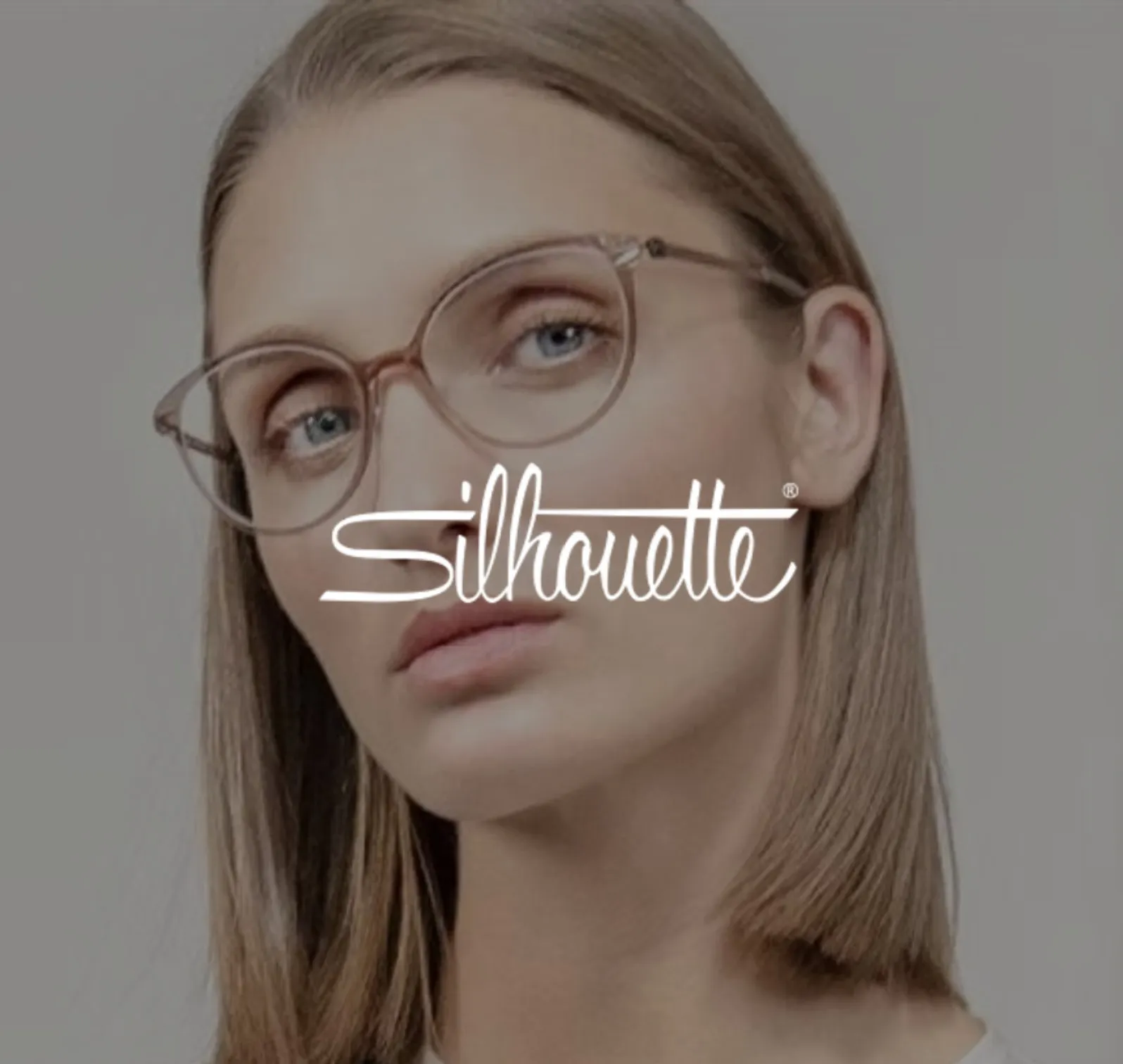 Woman with straight hair wearing clear-framed glasses and Silhouette logo overlay.