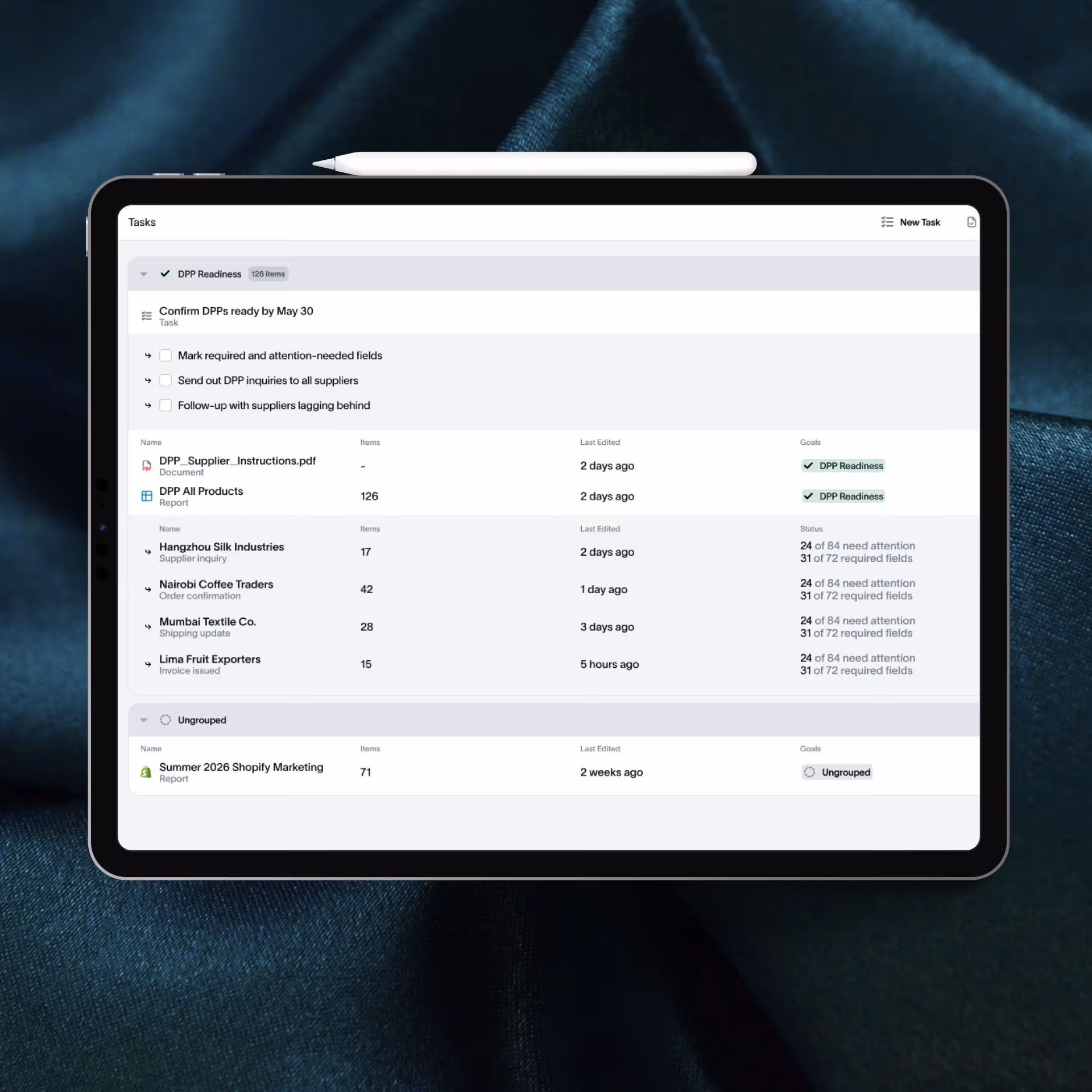 Tablet screen showing a task management app with DPP readiness tasks and supplier status details.