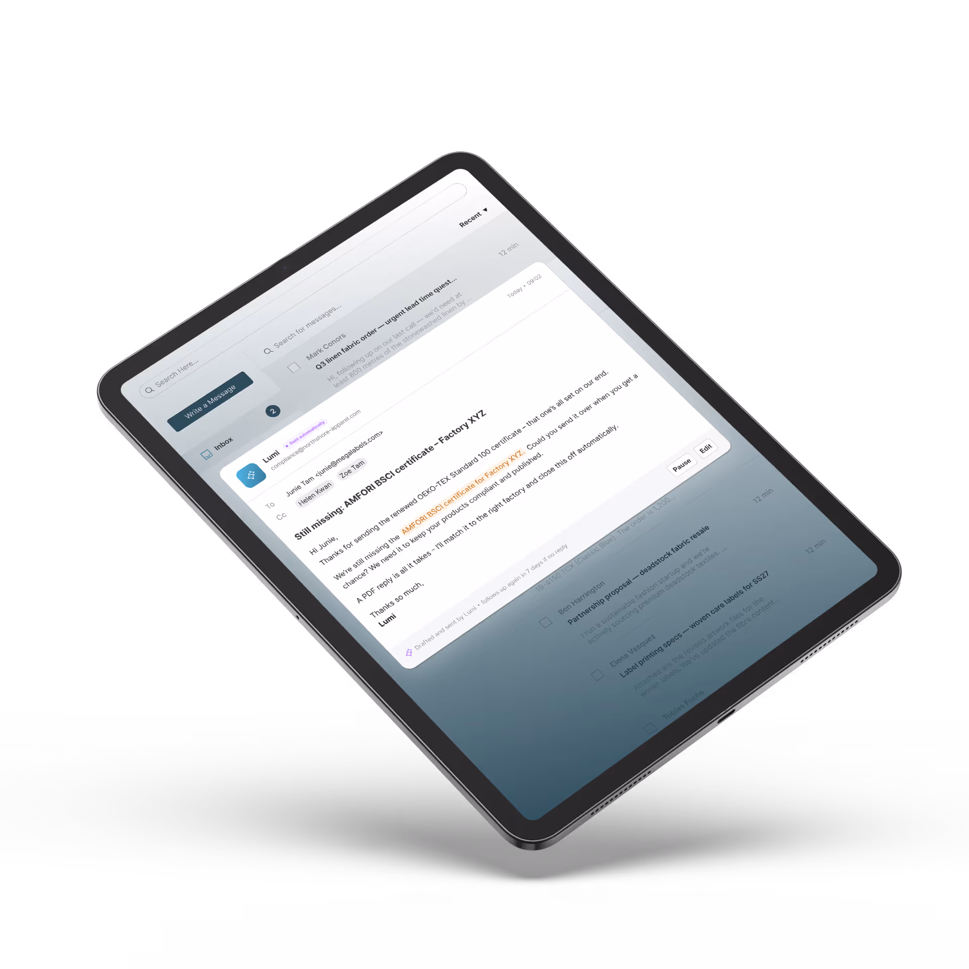 Tablet screen displaying an email inbox with a message about missing AMFORI BSCI certificate for Factory XYZ.