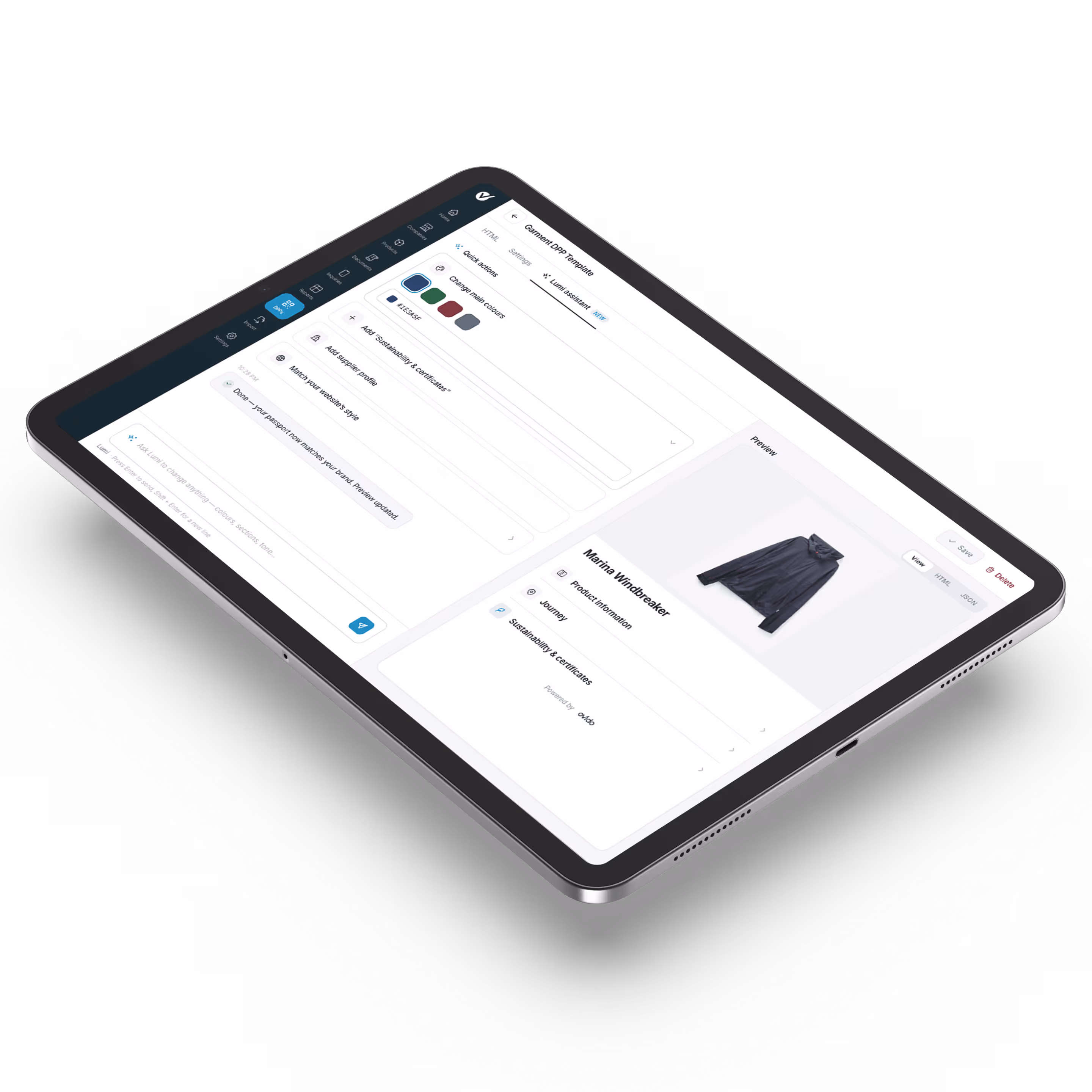 Tablet displaying interface to customize a digital product passport for a Marina Windbreaker jacket.