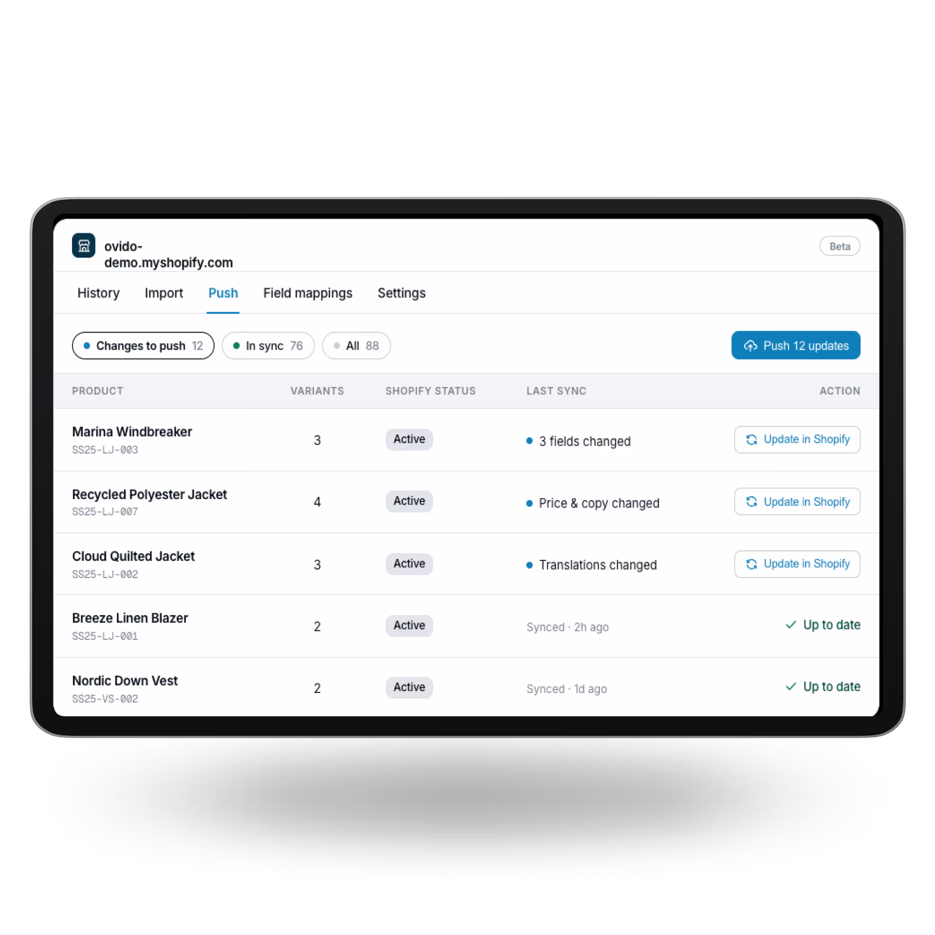 Shopify product sync page showing product names, variants, status, sync changes, and update actions.
