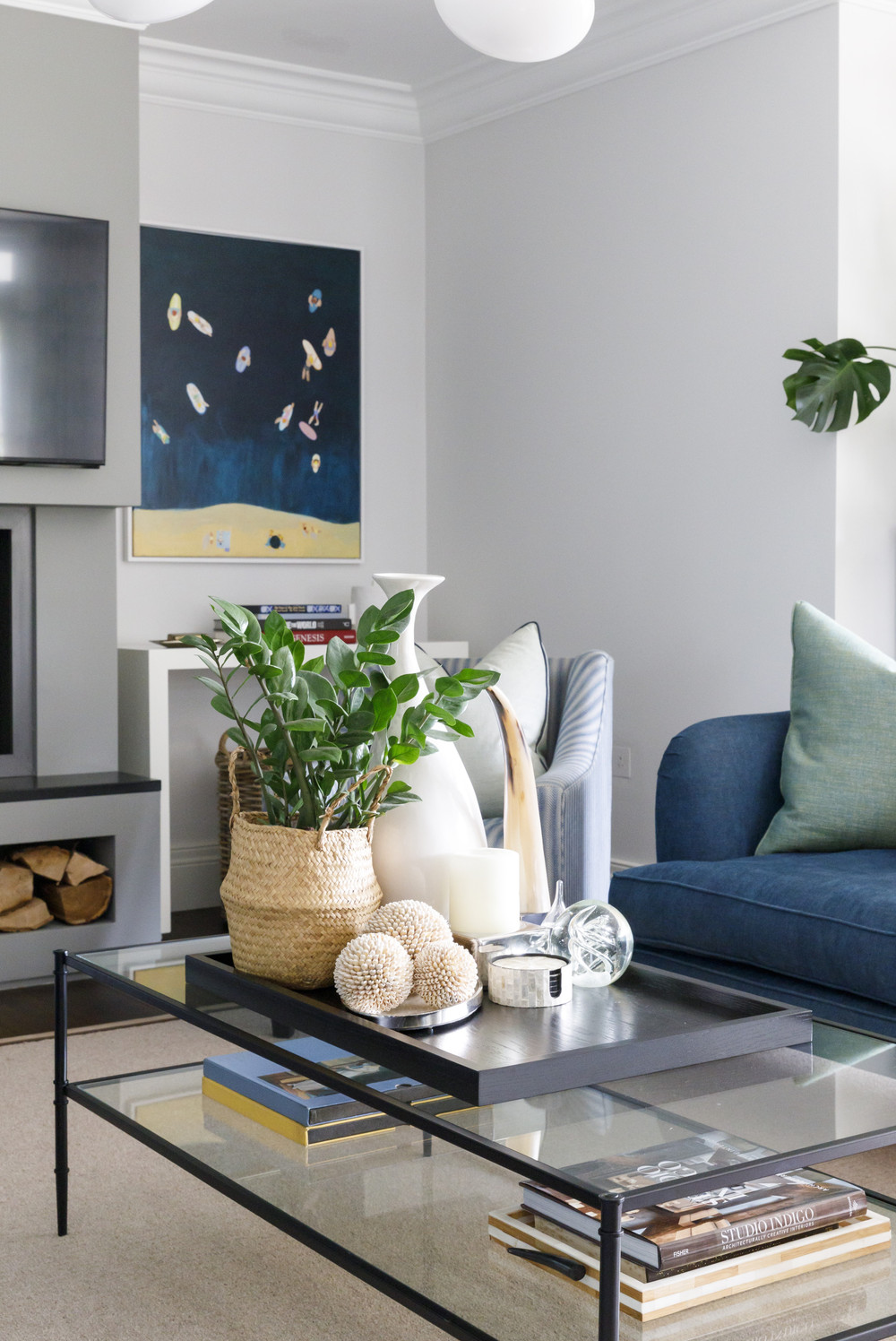 Coastal living room vignette with cool tones and comfort — Lorna Smith Interiors