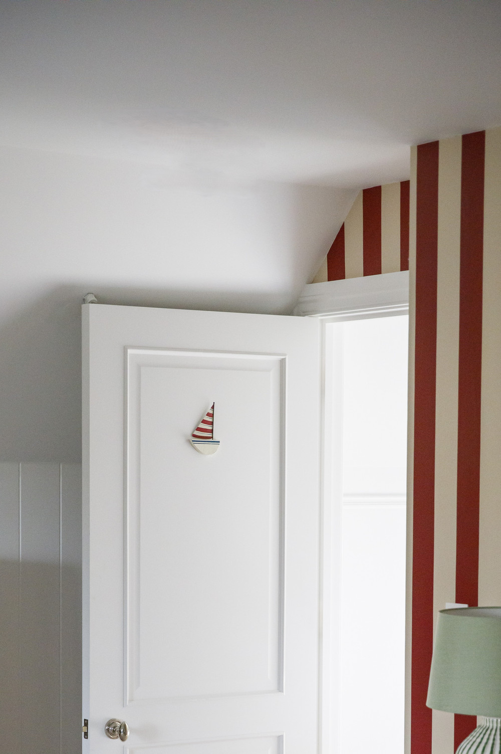 Fresh red and white guest bedroom styling — Lorna Smith Interiors, Chichester