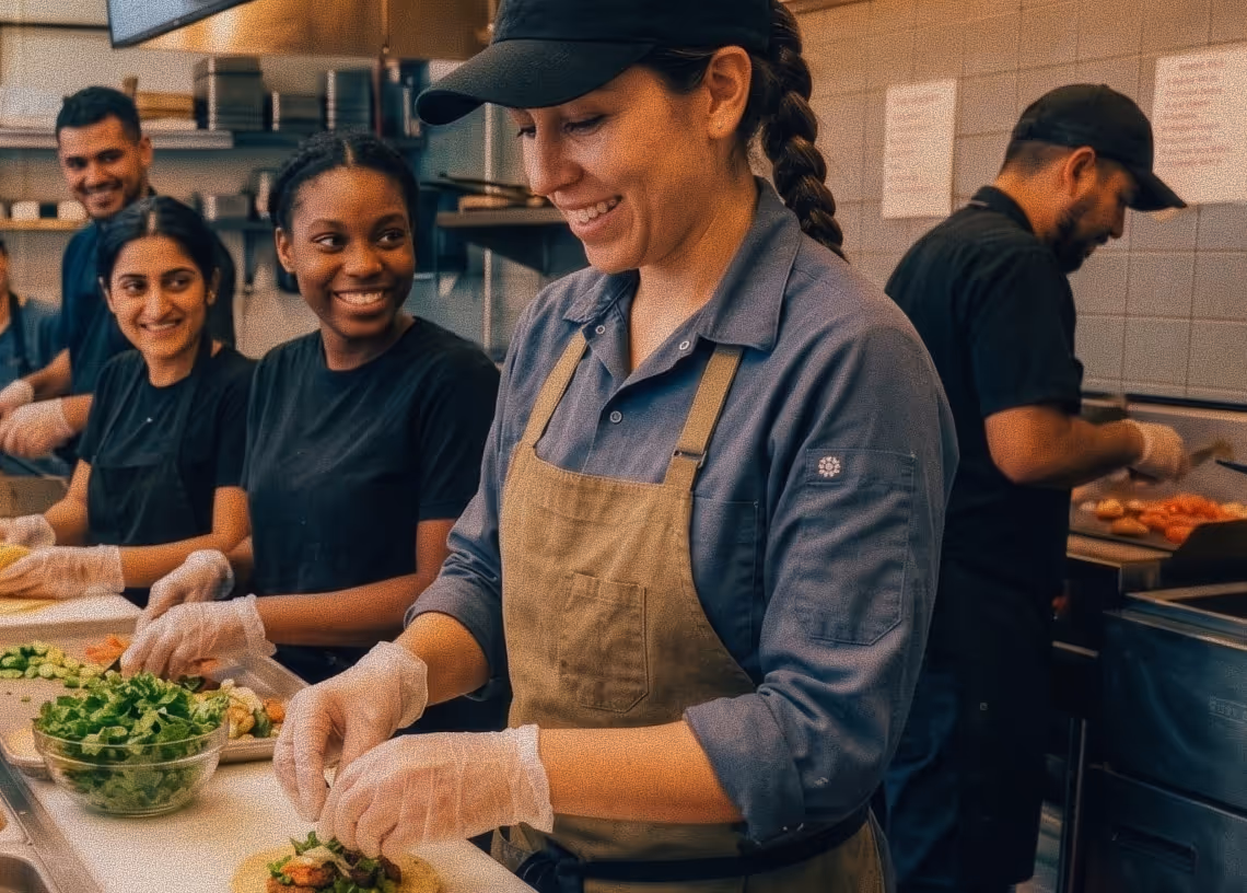 Smiling kitchen staff preparing wraps together in a busy restaurant kitchen.