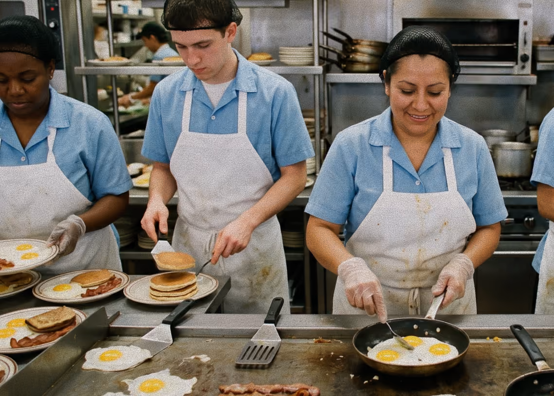 Kitchen staff in blue uniforms cooking eggs, pancakes, and bacon on a large griddle in a commercial kitchen.