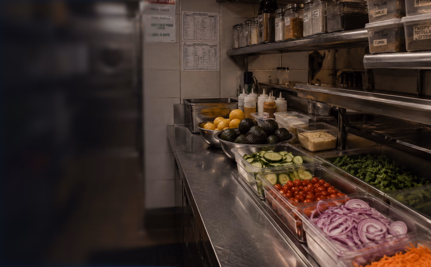 Commercial kitchen prep with sliced onions, cherry tomatoes, cucumbers, avocados, lemons, and herbs.