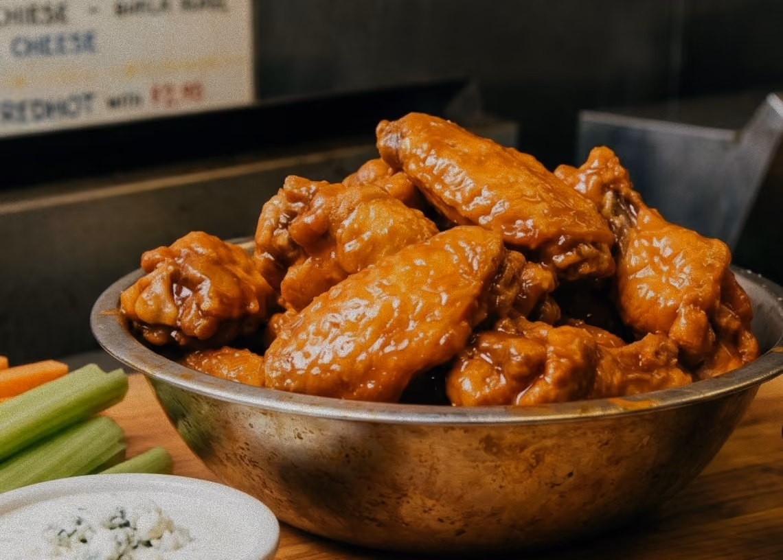 Metal bowl filled with glazed chicken wings on a wooden table with celery and dipping sauce.