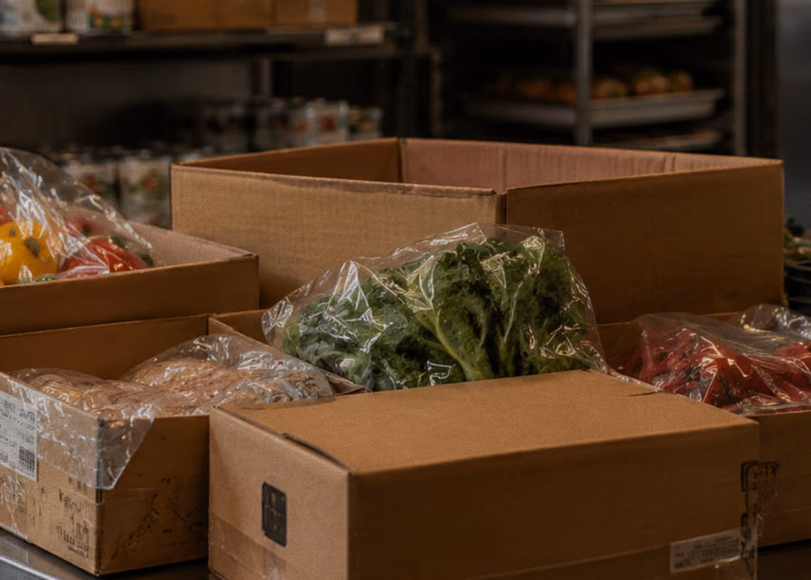 Open cardboard boxes with fresh vegetables and bread on a kitchen or storage counter.