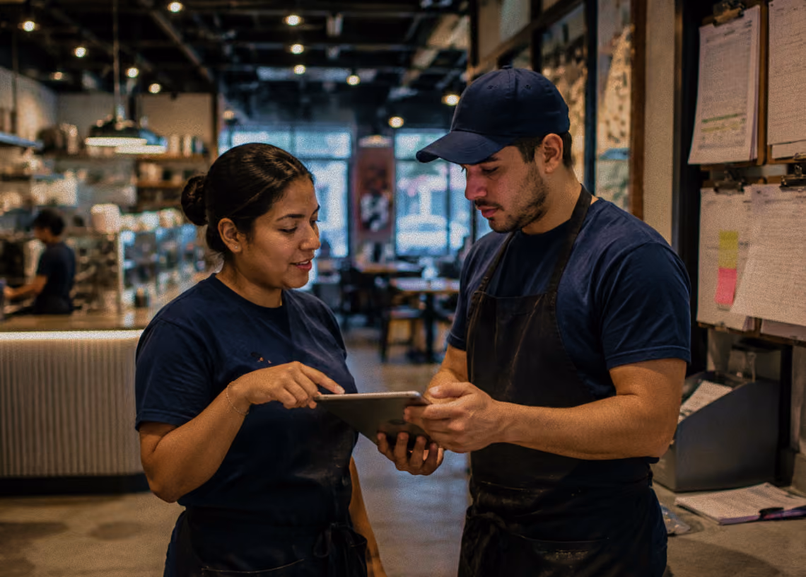 Two restaurant workers discussing something on a tablet in a modern café setting.
