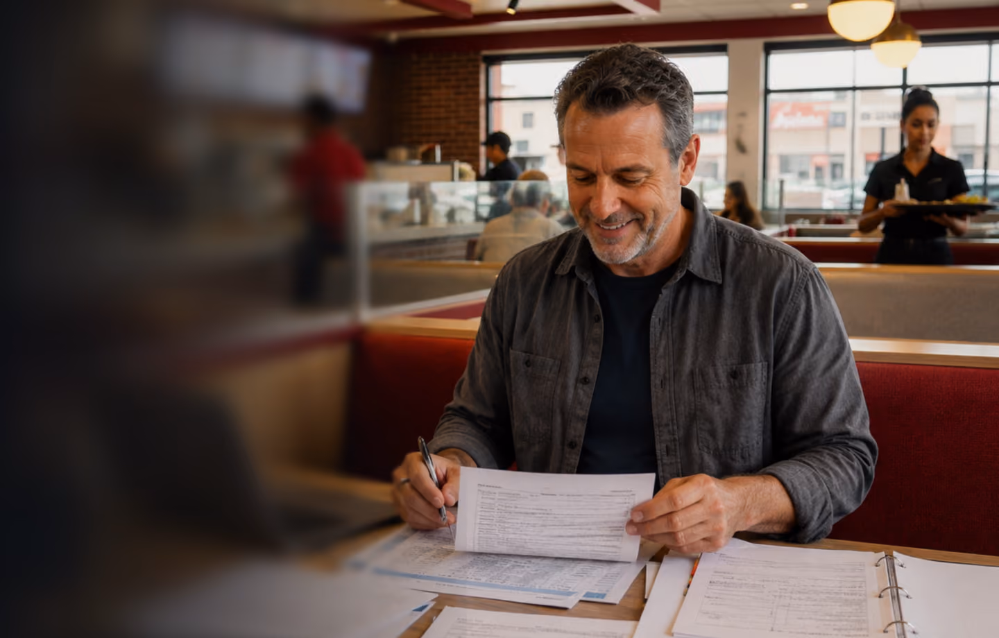 Smiling man reviewing and signing documents at a restaurant booth with papers spread on the table.
