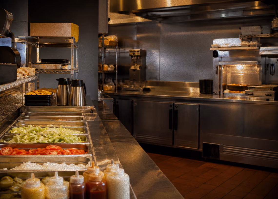Commercial kitchen with salad bar ingredients and stainless steel counters and equipment.