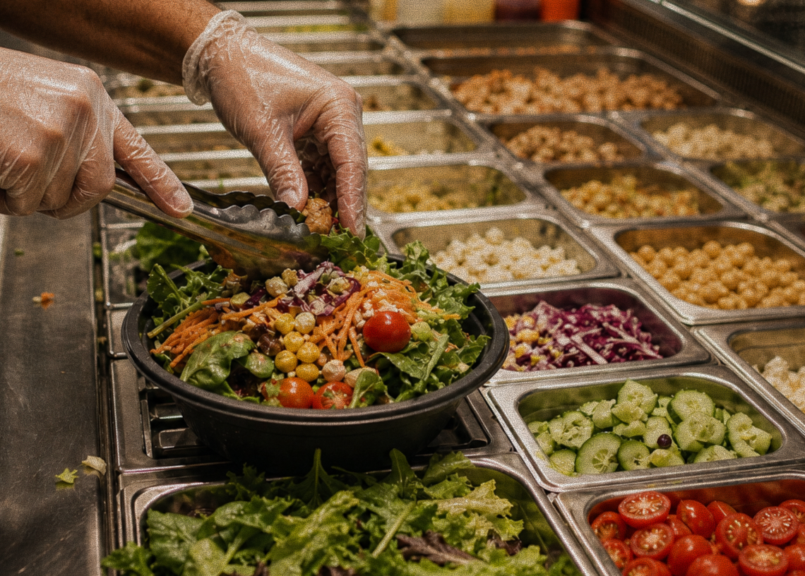Person with gloves using tongs to prepare a salad bowl with greens, chickpeas, tomatoes, and carrots.