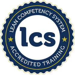 Seal with text Lean Competency System Accredited Training surrounding dark blue lcs letters.