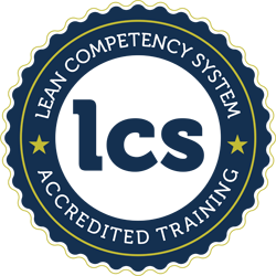 Seal with text Lean Competency System Accredited Training surrounding dark blue lcs letters.