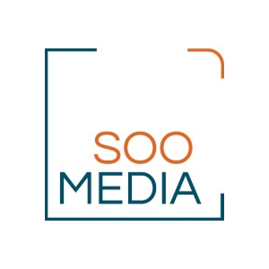 Soo Media logo met oranje en blauwe tekst in een vierkante kader.