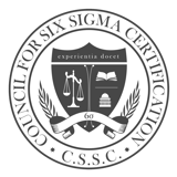 Logo van de Council for Six Sigma Certification met symbolen voor rechtvaardigheid en kennis.
