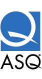 Logo met blauwe cirkel en witte driehoek, letters ASQ eronder.
