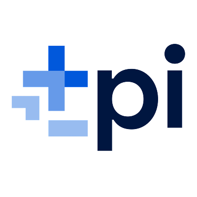 Logo met een plus symbool gevolgd door de letters p en i in donkerblauw.