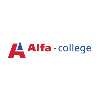 Logo van Alfa-college met een rode A en blauwe driehoek.