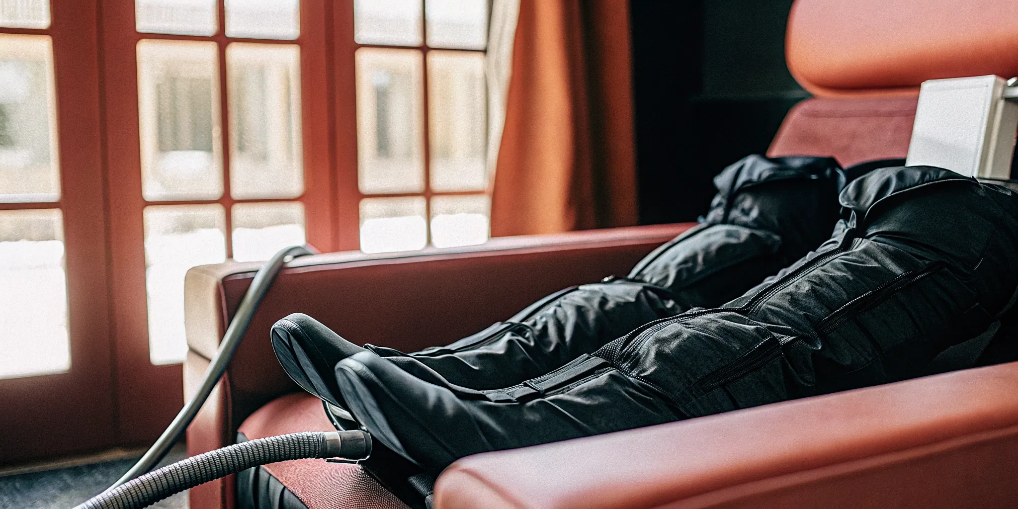 NormaTec pneumatic compression recovery boots on a recliner in the Altea Recovery Lounge