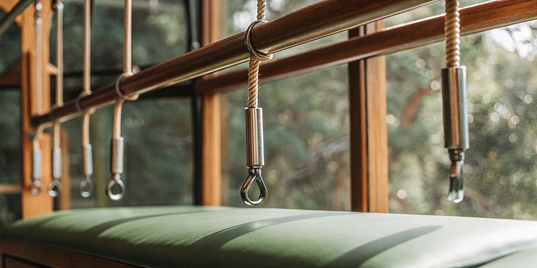 Close-up of premium Pilates reformer machine springs and pulleys