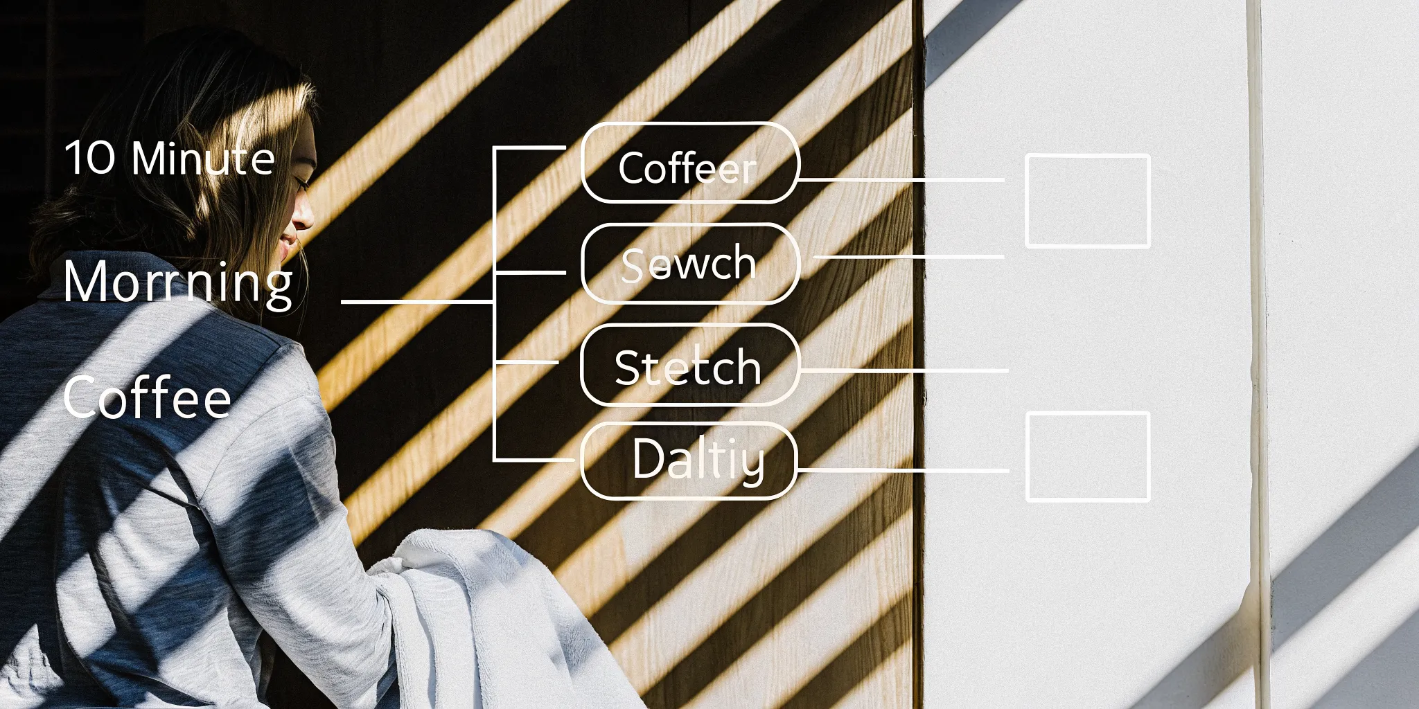 A clean minimalist diagram showing habit stacking with flowing arrows connecting daily habits to fitness actions in a bright modern setting