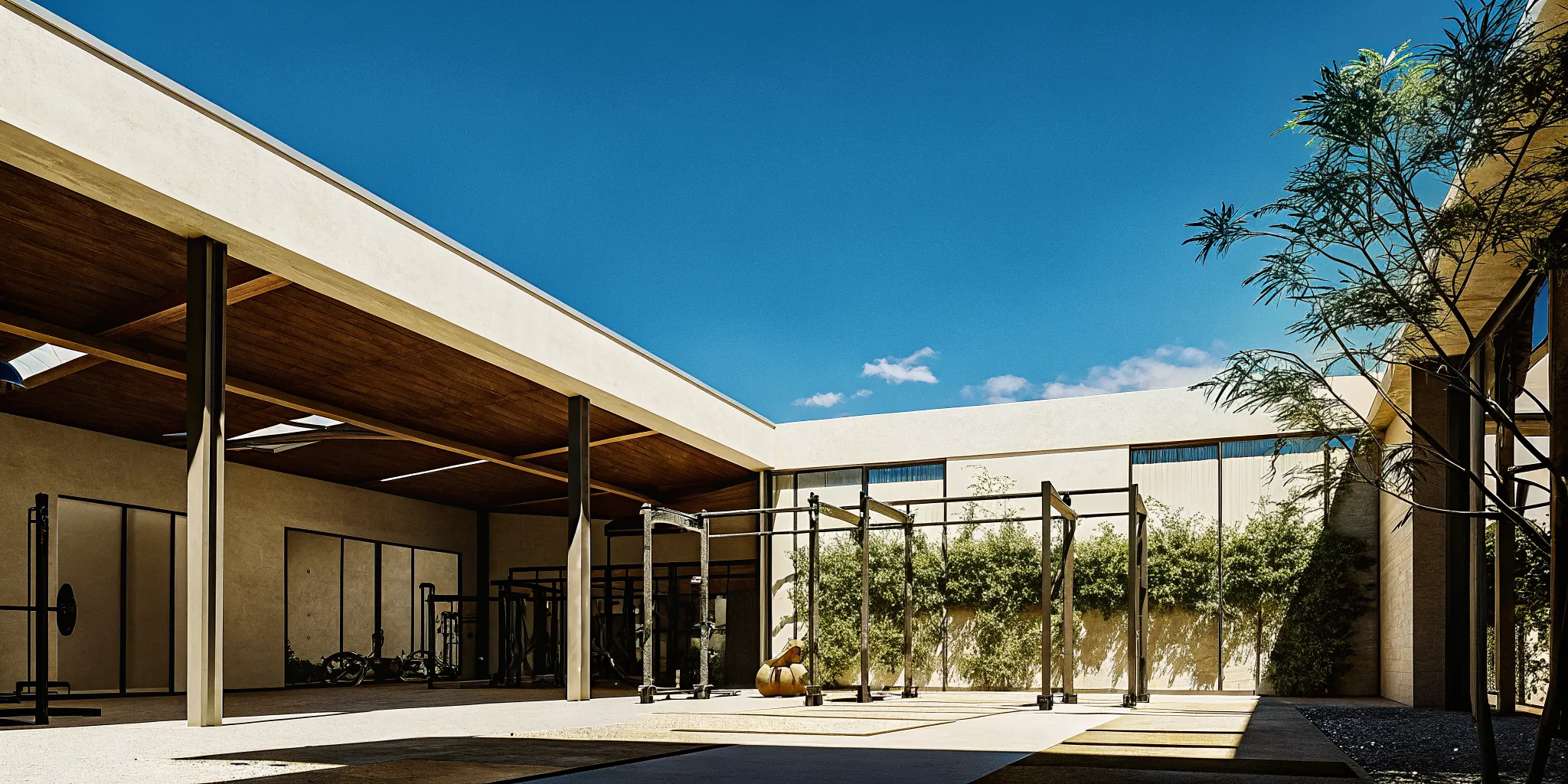 A bright modern fitness club interior showing diverse group class options in one premium gym space with natural light