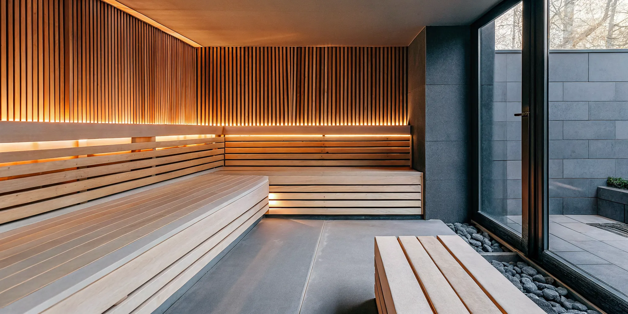 A luxurious cedar dry sauna interior with clean wooden benches and hot stones in a premium wellness club