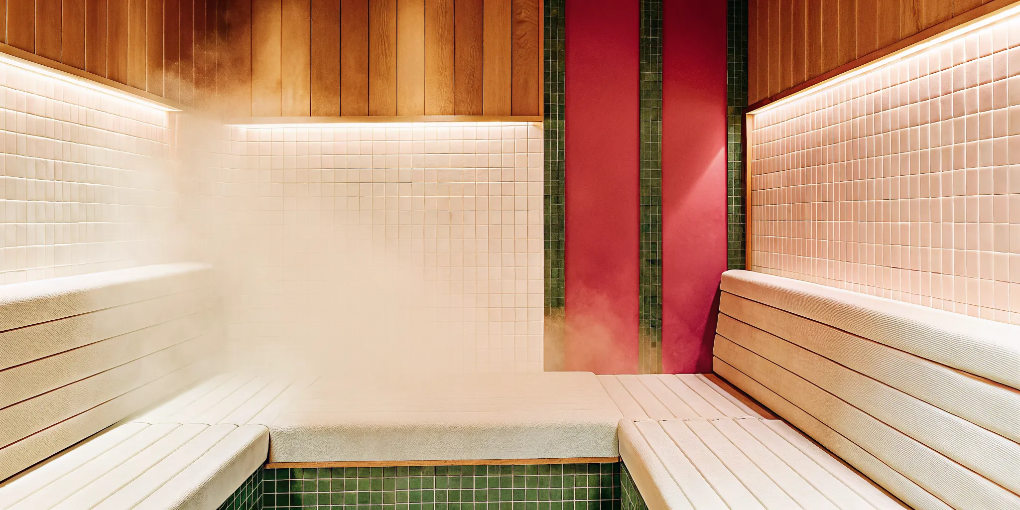 A modern luxury steam room with grey tiled benches, soft misty fog, and elegant blue ambient lighting