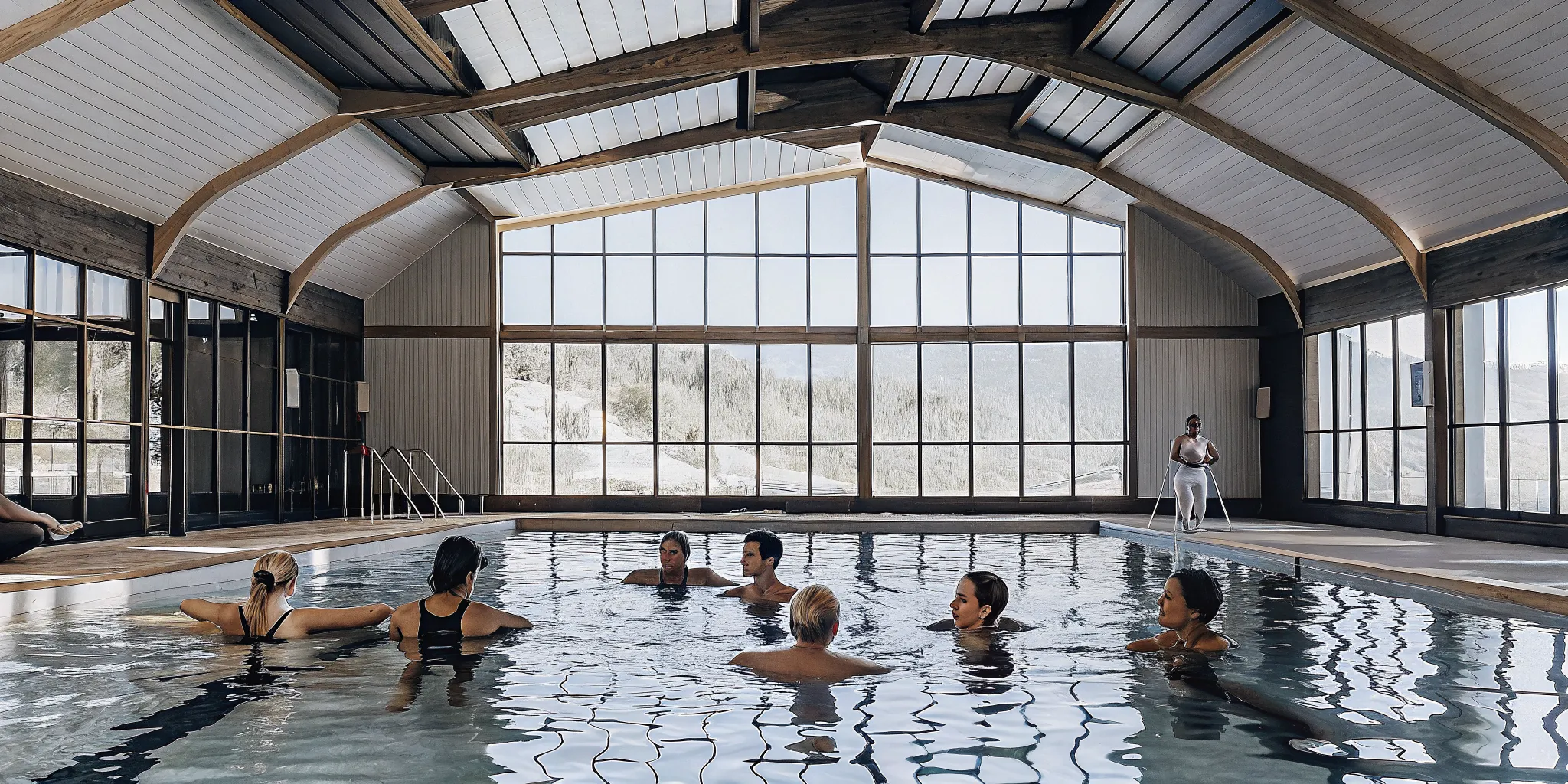 Instructor leading beginners through an aquatic fitness class