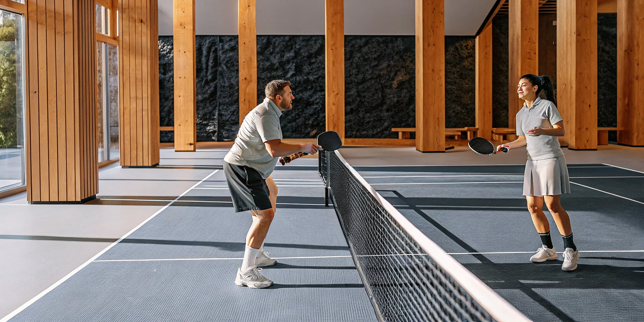 Beginners learning ready position on an indoor pickleball court