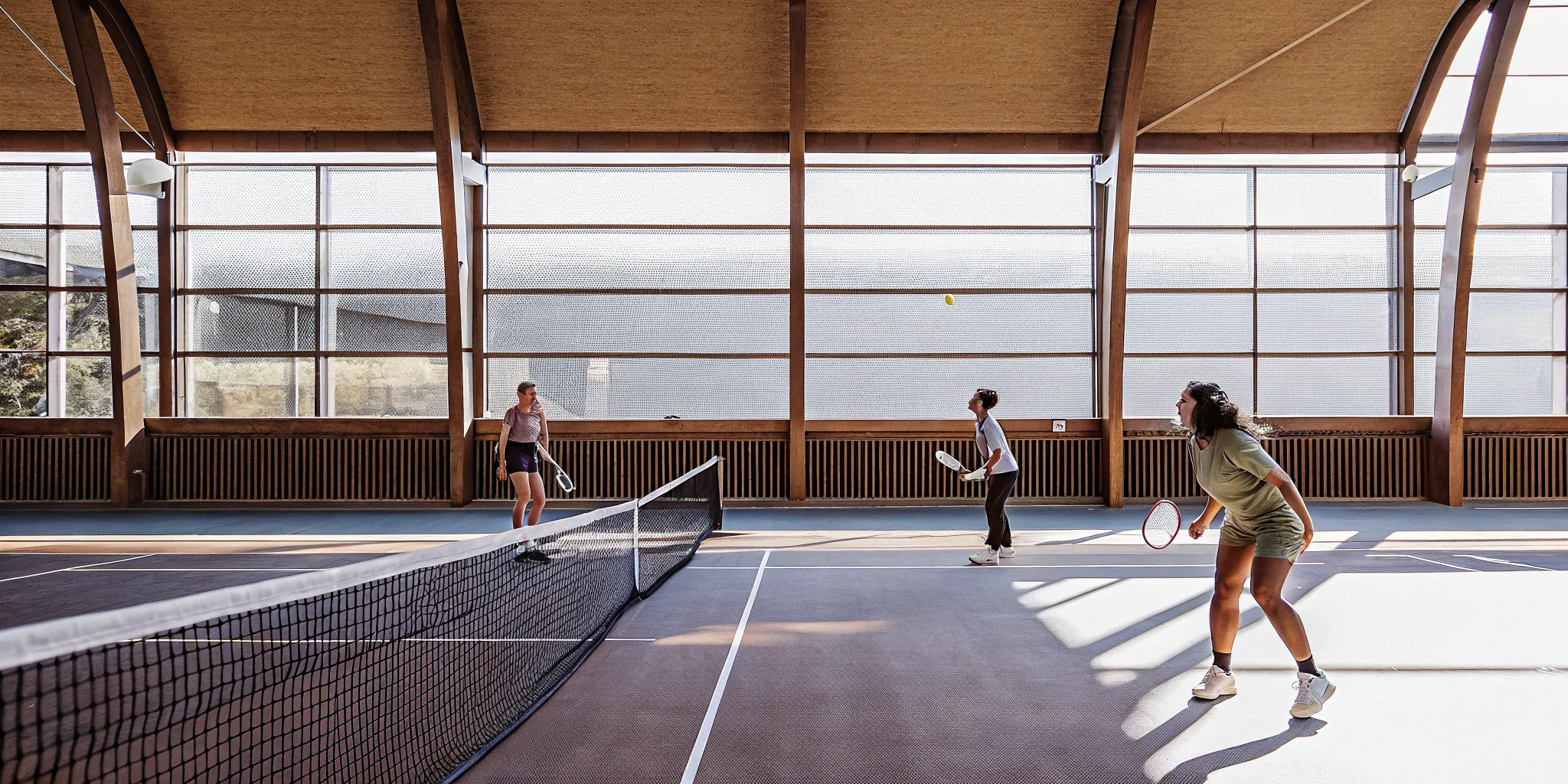 Members enjoying doubles at an indoor pickleball club