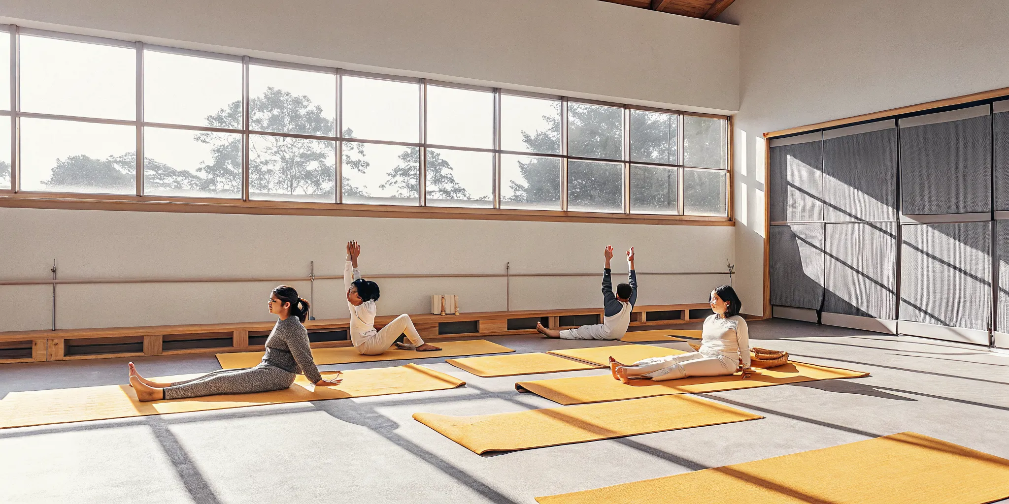 Small group mat Pilates class guided by an instructor at a premium wellness club