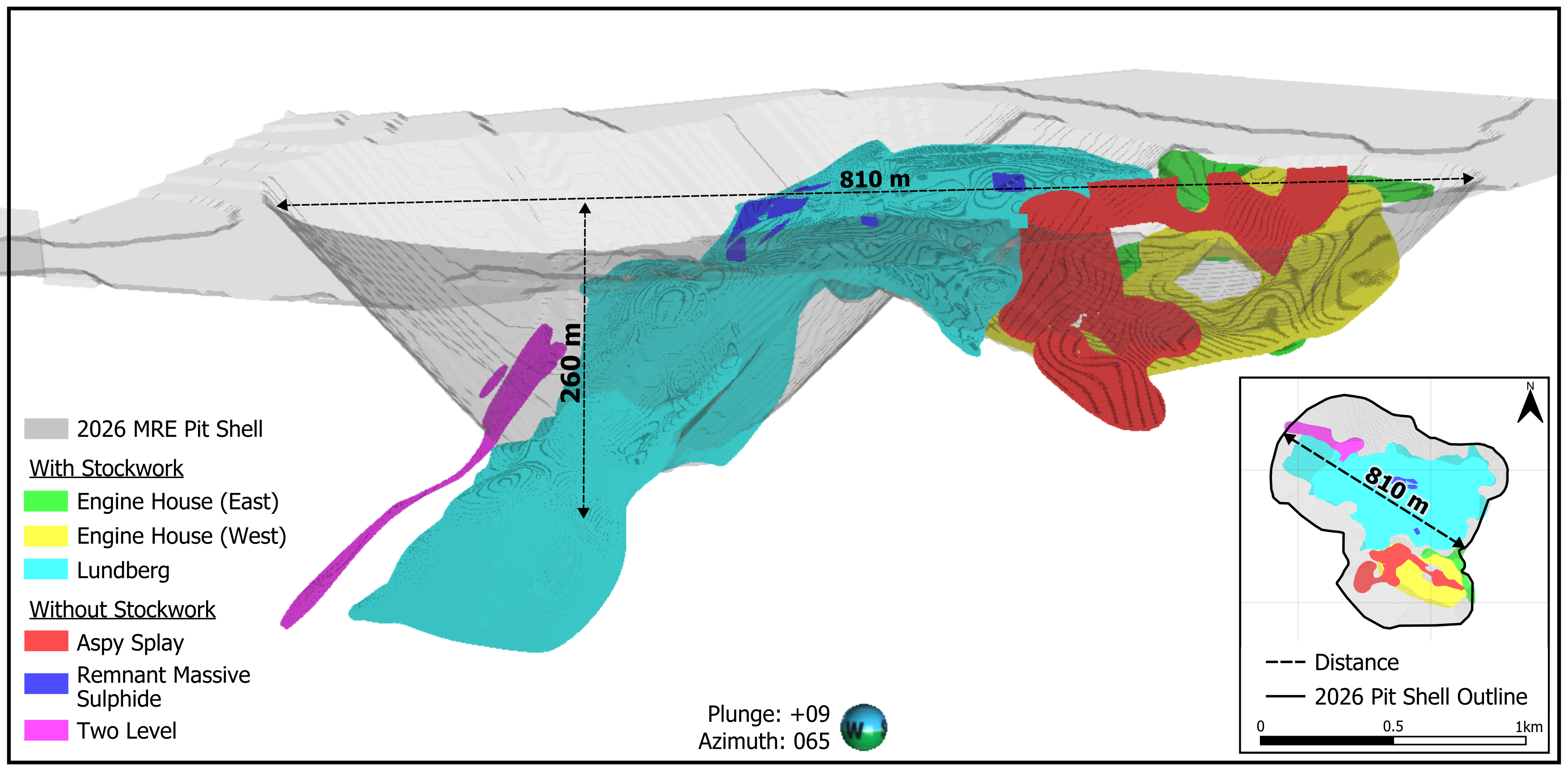 Oblique view of the modelled Lundberg and Two Level mineralization domains relative to the 2026 Mineral Resource reporting pit shell. Remnant massive sulphide domains are shown in dark blue. The inset shows their position in plan view.