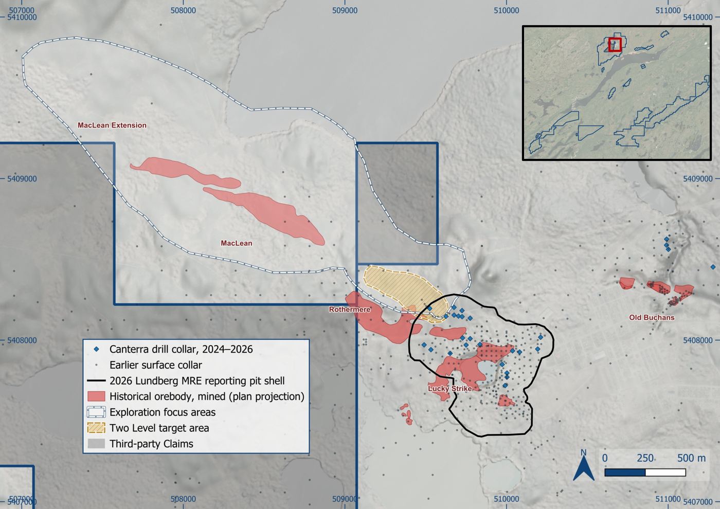 Plan view of the Buchans Mine Trend showing the 2026 Lundberg Mineral Resource outline, historical mine areas, Two Level horizon and priority areas for follow-up exploration. Target outlines indicate areas for investigation and do not represent Mineral Resources.