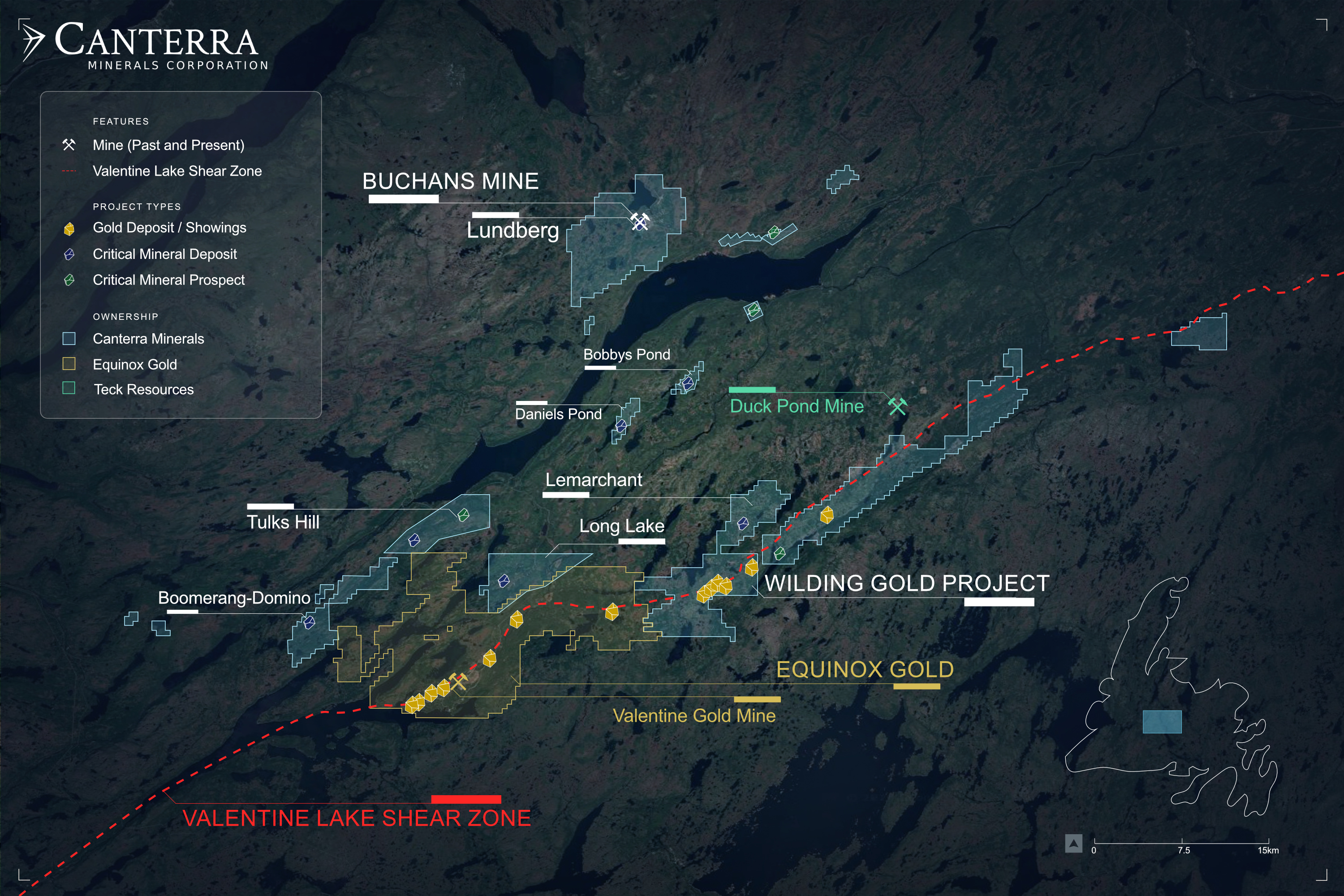 Canterra projects in central Newfoundland, showing Lundberg at Buchans, satellite deposits, Wilding, neighbouring mines and a kilometre scale bar.