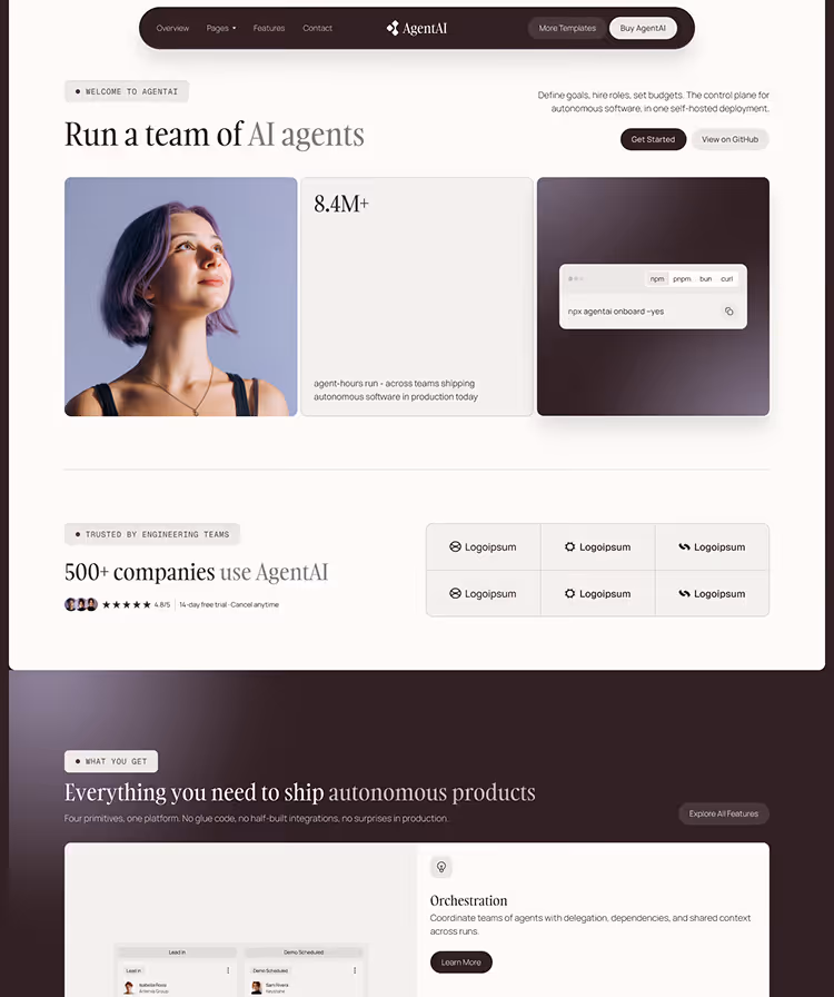 Webflow template for AI agent startups