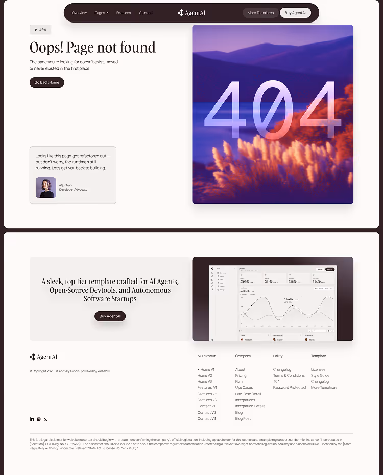 Webflow template for AI agent startups