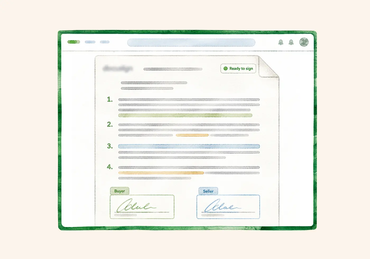 Illustration of a term sheet marked ready to sign, with buyer and seller signature fields