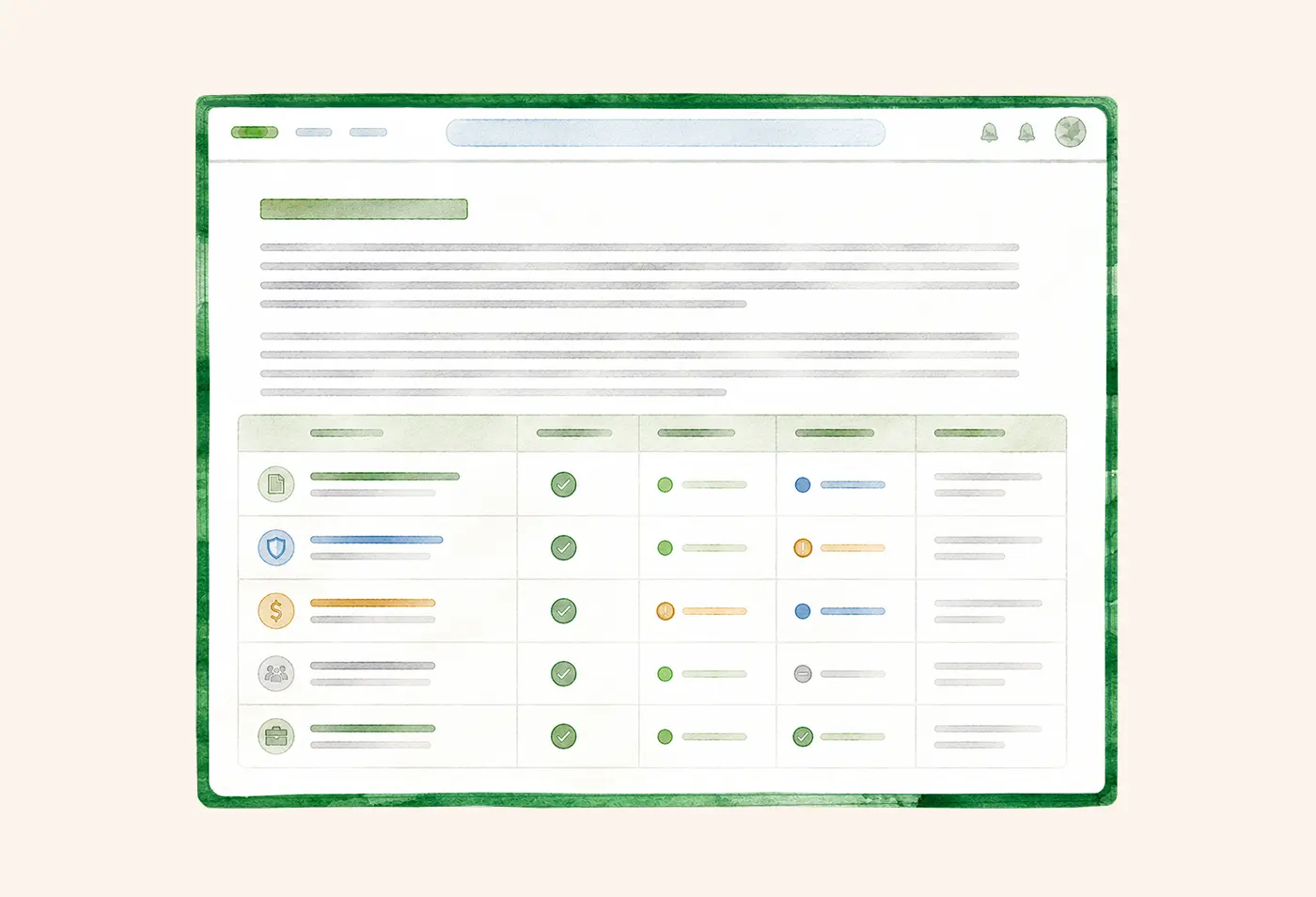 Illustration of a diligence memo with a status table of completed and flagged checks