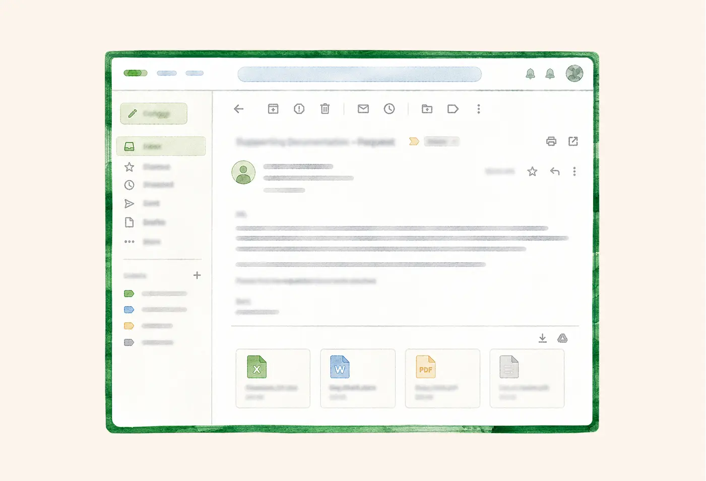 Illustration of an email requesting supporting documentation, with attached files