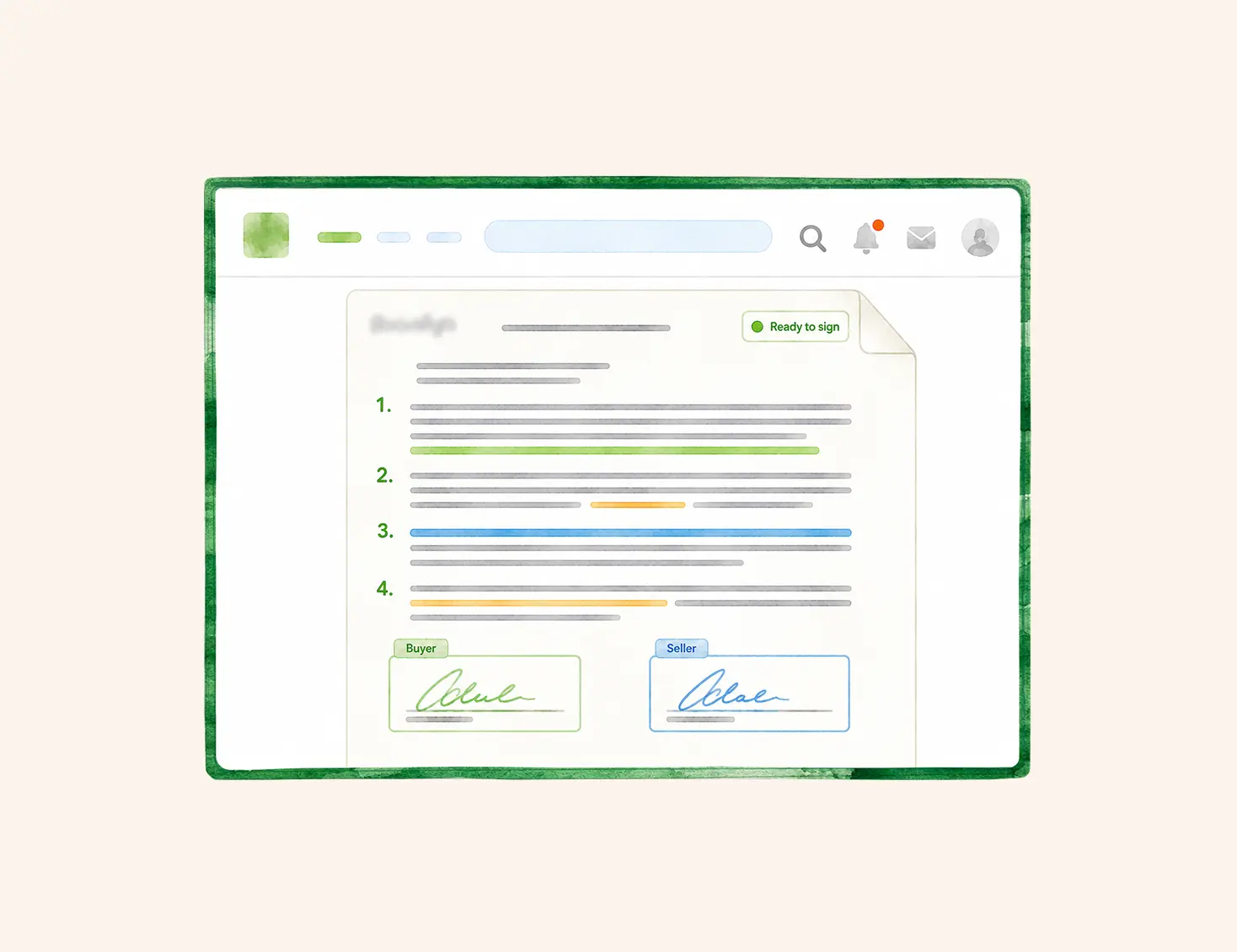 Illustration of a term sheet marked ready to sign, with buyer and seller signature fields