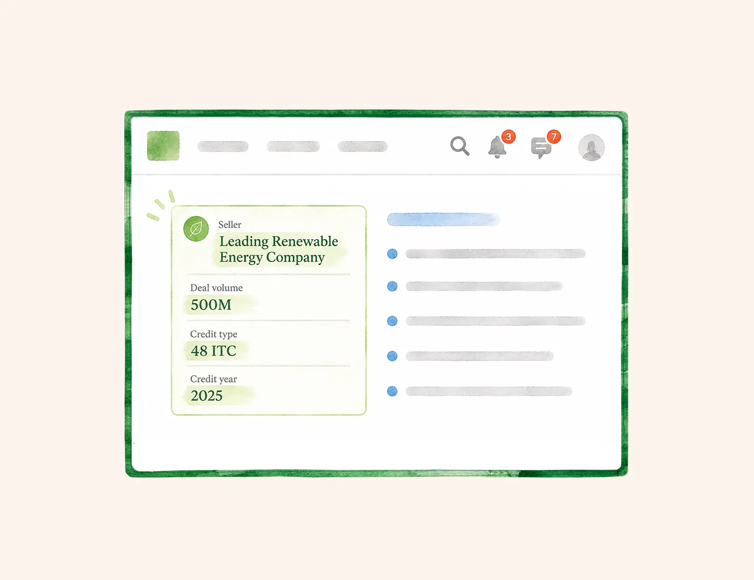 Illustration of a seller listing on the Reunion platform showing deal volume, credit type and credit year
