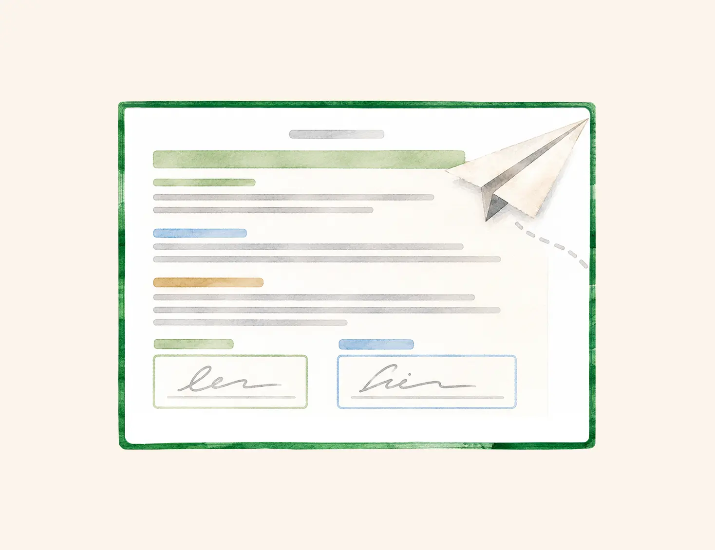 Illustration of a final contract signed by buyer and seller being sent for execution