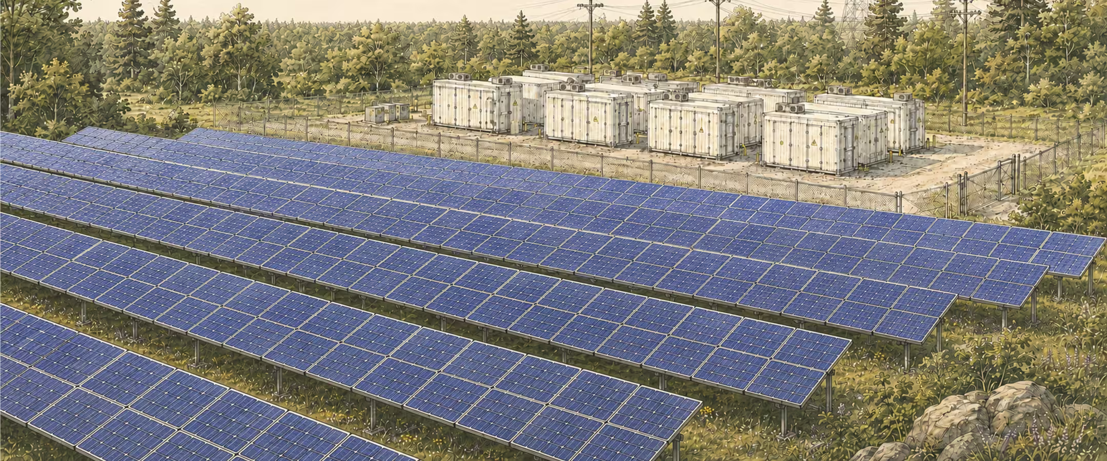 Illustrated solar array in the foreground with white battery storage containers inside a fenced substation, surrounded by forest and overhead power lines