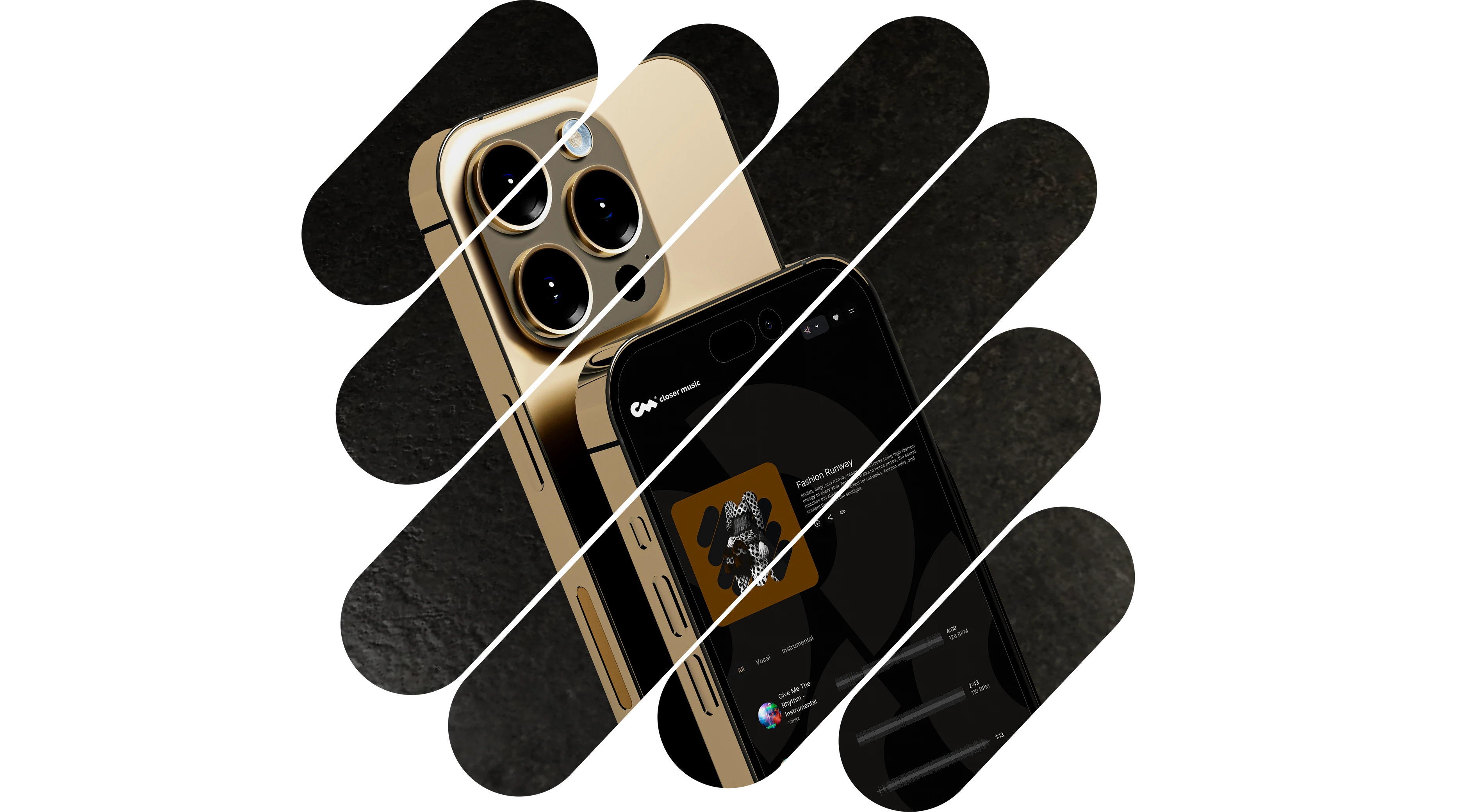 Two gold smartphones angled back to back with one showing a dark music app interface.